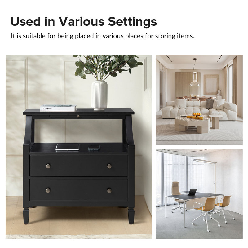 Areebe 30" W 2-Drawer Nightstand with Pull-Out Tray and Charging Station, Black