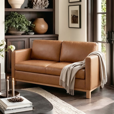 60" W Upholstered Faux Leather Mid Century Minimalist Square ArmLoveseat for Small Space