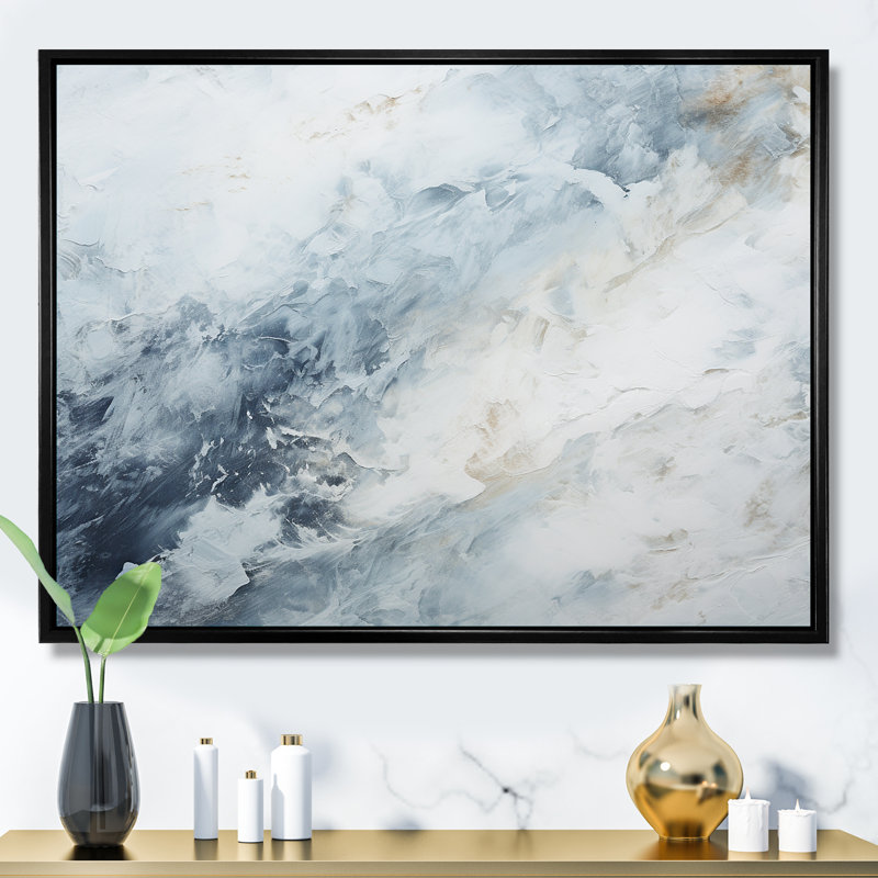 «Blue and White Snow Blooming II - Abstract Shapes», art mural, H 30 po x l 40 po x P 1,5 po, Cadre flottant noir
