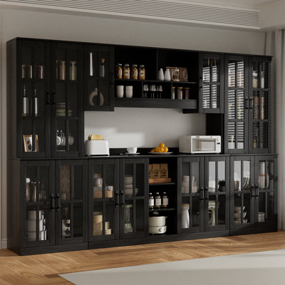 Large Kitchen Hutch Cabinet, Storage Cupboard Pantry With Window Pane Glass Doors & Microwave Shelf