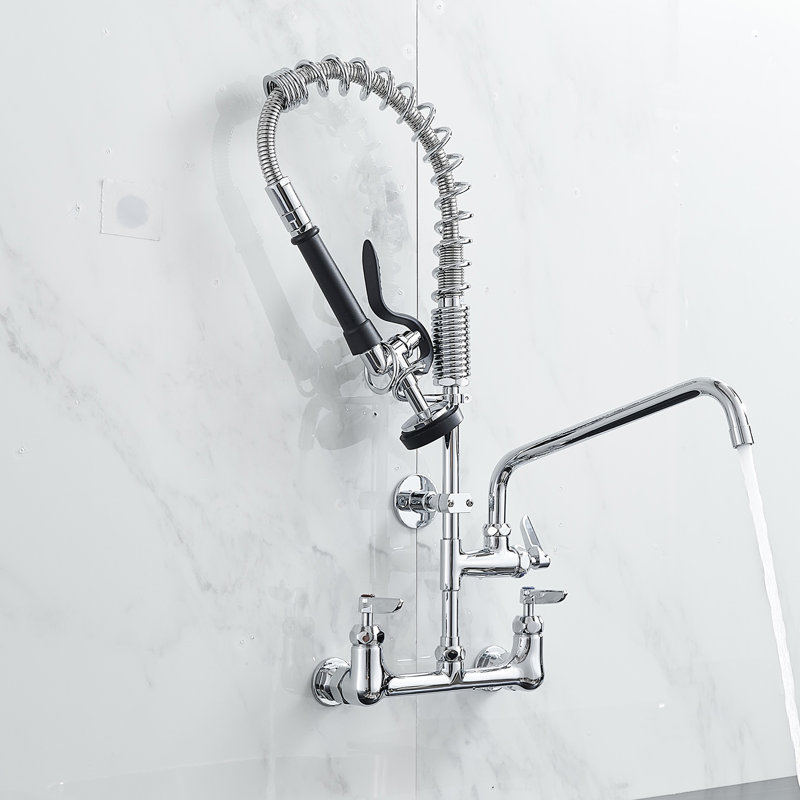 Commercial Sink Faucet Pre-Rinse Deck Mounted - 21" Tall, 8 Inch Center, 10" Add-On Spout, Coiled Spring Spray, Ceramic Filler, Brass Construction, , Modern Kitchen For Use Height, 8" Swing Finish