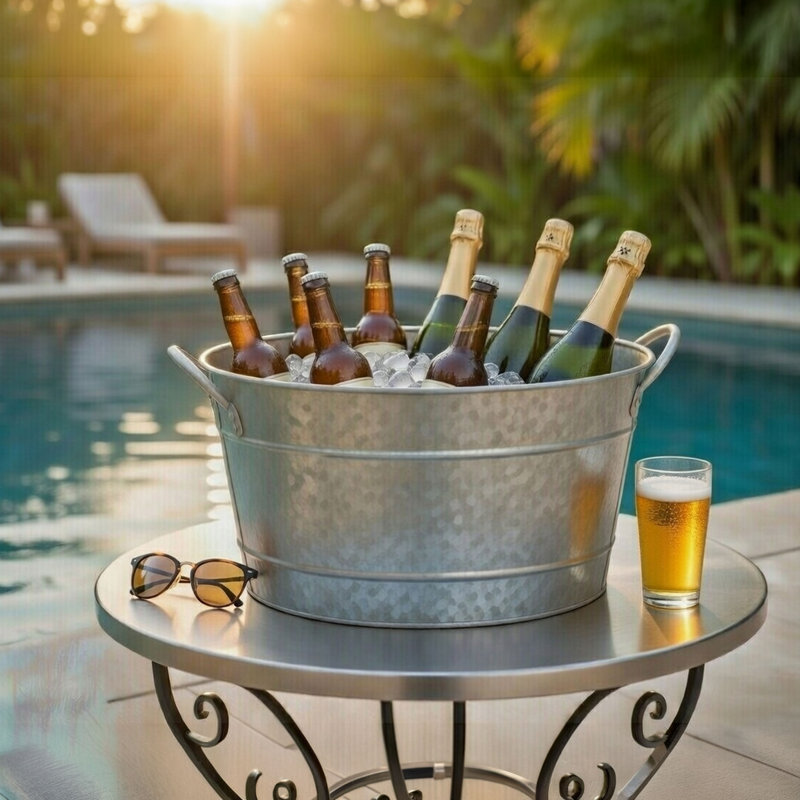 Benzara Lola Beverage Tub - 23 Inch Galvanized Steel Party Tub with Side Handles, Antique Silver
