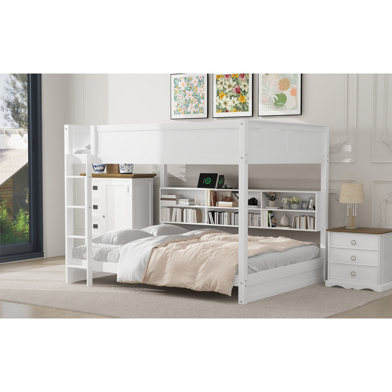 Lit superposé avec armoires de rangement et ports USB, Blanc
