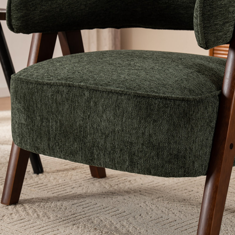 Modern Upholstered Accent Chair Curved Back Armchair With Solid Wood Legs, Green Polyester Blend