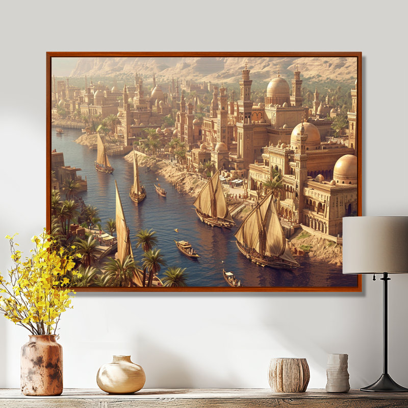 Voile de bateau sur le Nil en Égypte ancienne - Égypte, art mural, Cadre flottant brun, H 12 po x l 20 po