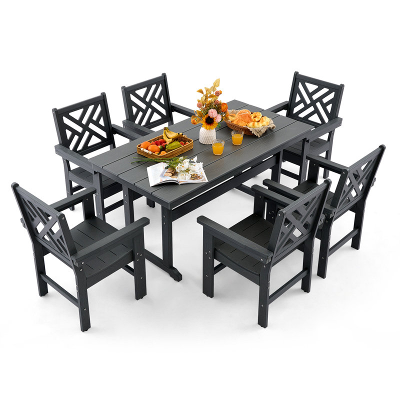 7 Piece Hdpe Outdoor Dining Set For 6, Patio Dining Furniture Set With Umbrella Hole, Outdoor Table And Chairs For Garden, Poolside, Backyard, Deck