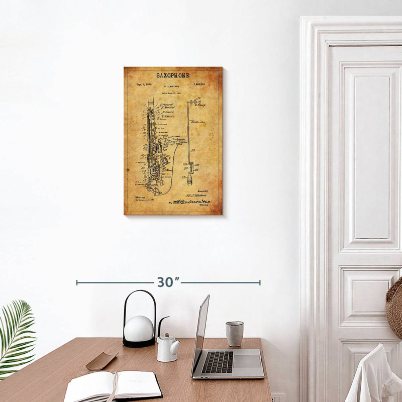 Brevet de saxophone sur toile, H 24 po x l 16 po x P 1,25 po