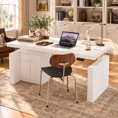 70.9" W L-Shaped Electric Standing Desk with 4 Height Presets, Side Storage Cabinet and Drawer