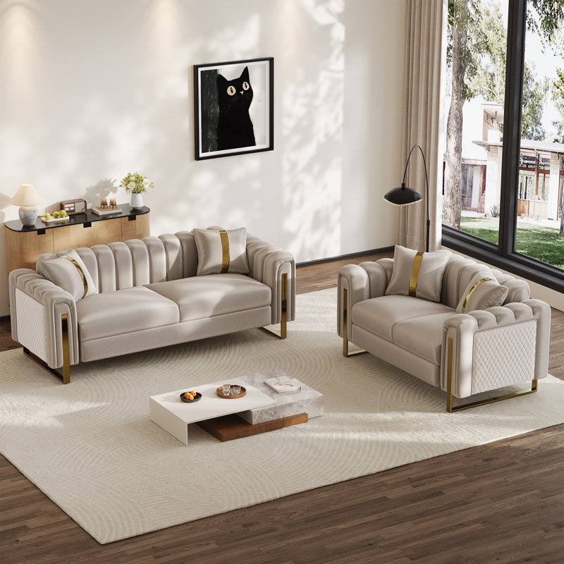 Ensemble de canapés en velours dégradé 2 pièces avec accoudoirs dorés, Beige