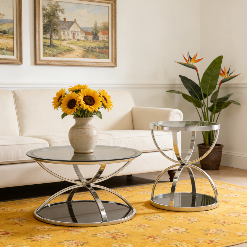 Ensemble de tables basses modernes en verre avec 2 niveaux, cadres en forme d'anneau, finition chrome et verre trempé gris