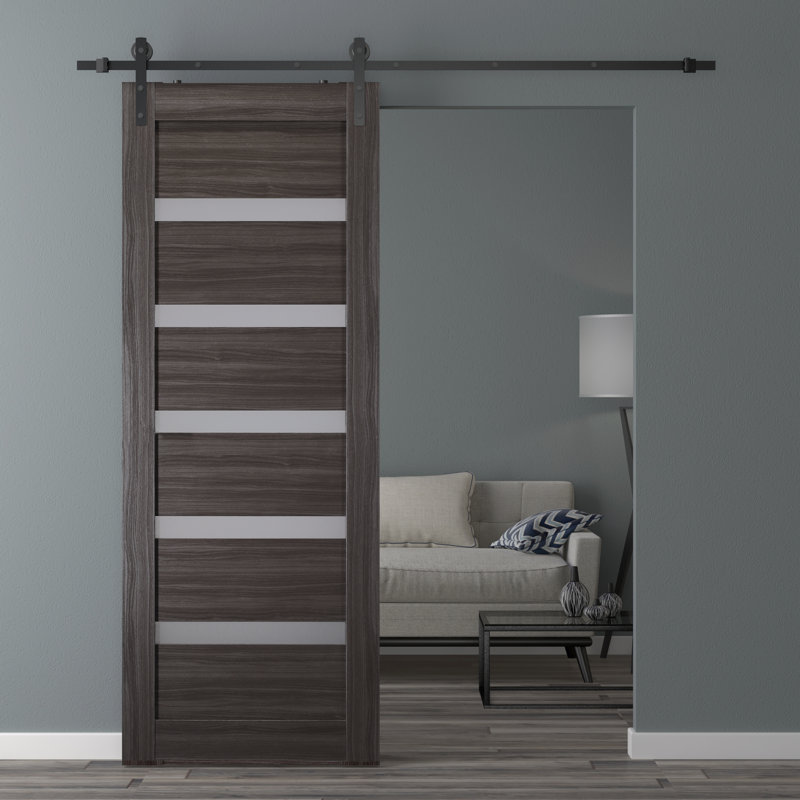 Leora Paneled Manufactured Wood and Glass Prefinished Barn Door with Installation Hardware Kit