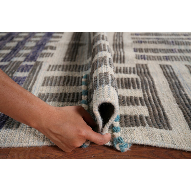 Tapis oriental rayé à carreaux en laine marocain 8 x 11