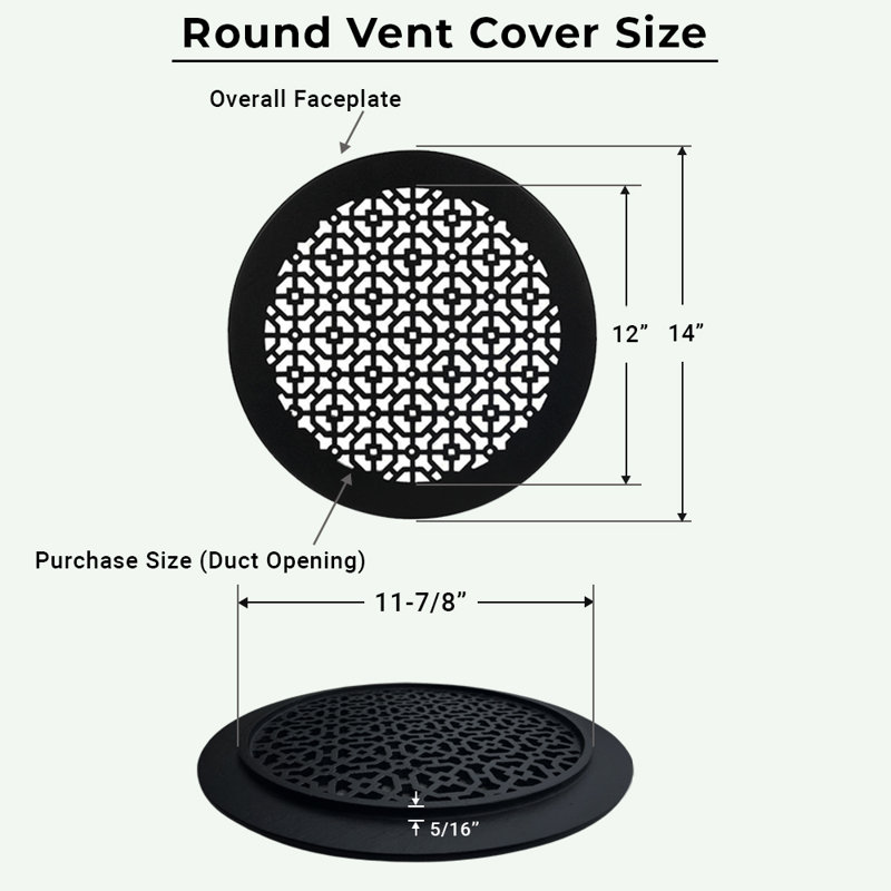 Grille ronde en fonte d'aluminium de 12 po Achtek (14 po au total) thermolaquée pour plancher, Noir thermolaqué