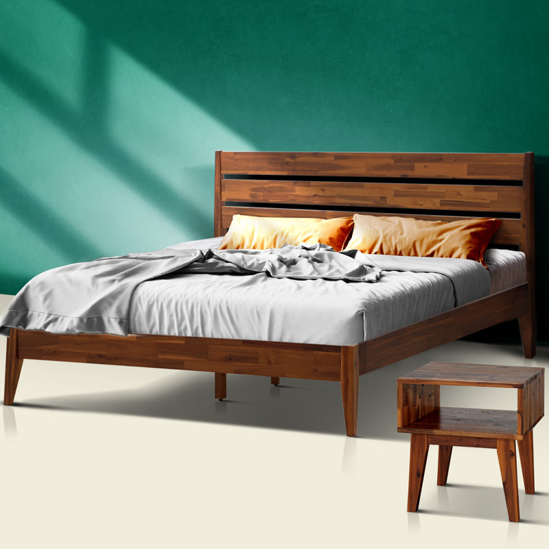 2-Pcs Bedroom Set Callisto – Solid Wood Platform Bed Frame & Matching Nightstand. Mid-Century Modern Farmhouse. 800 lbs Capacity. No Box Spring Needed