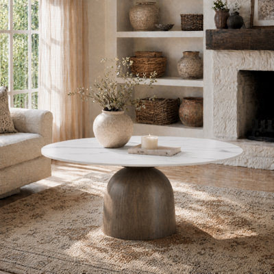 Meranda Round Stone Coffee Table With Walnut Solid Wood Pedestal For Living Room & Home Decor