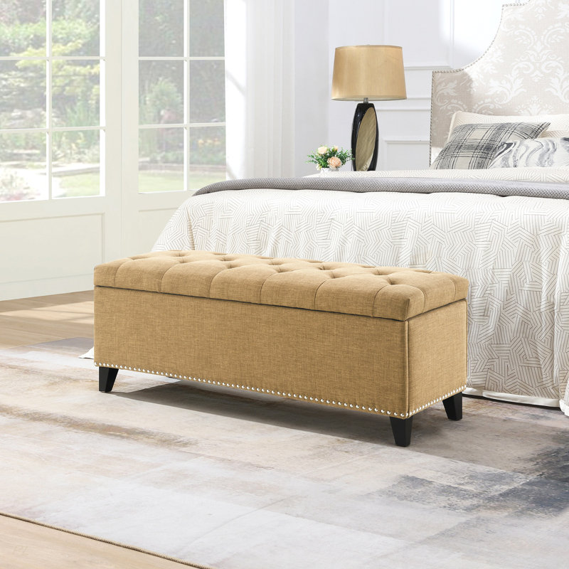 Repose-pieds de rangement de 47,5 po, banc de rangement avec charnière de sécurité, repose-pieds capitonné en lin pour le salon, le vestibule, le couloir, le repose-pieds et le support 500 lb