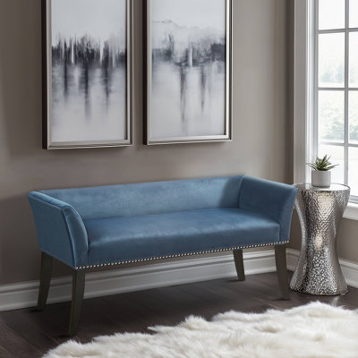 Alfordsville 49.5” Wide Blue Upholstered Nailhead Bench with Solid Wood Legs