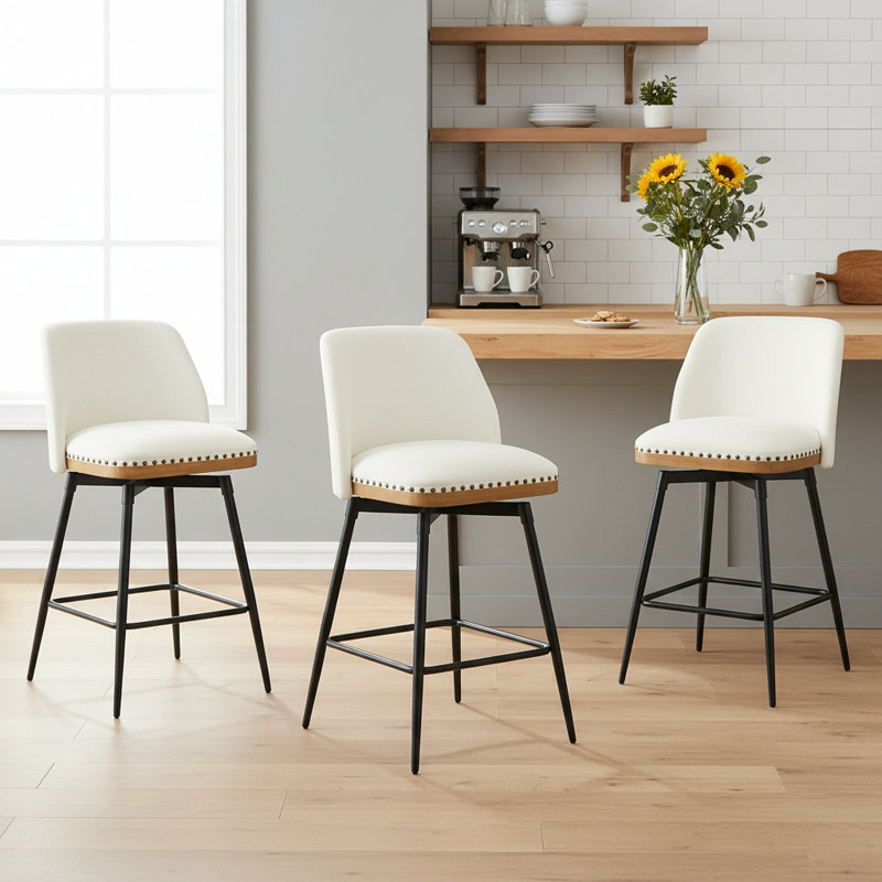 Swivel Upholstered 26" Counter Stools With Wood Trim, 3