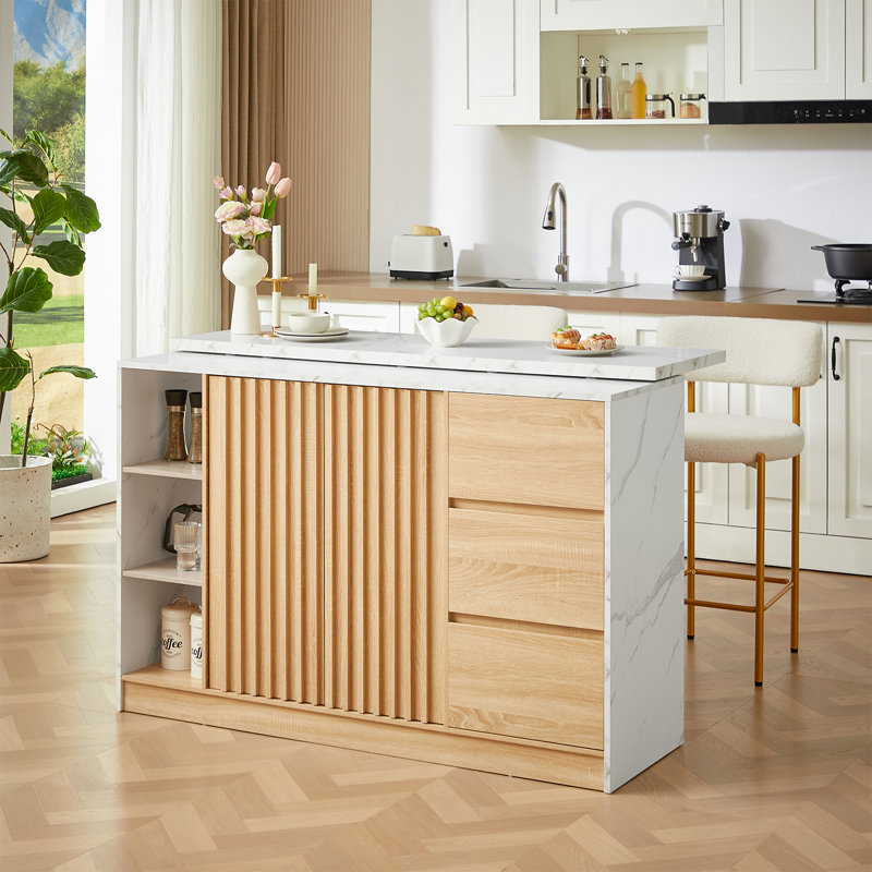 Îlot de cuisine 55,1 po avec plateau coulissant, armoire de cuisine avec rangement et prise de courant