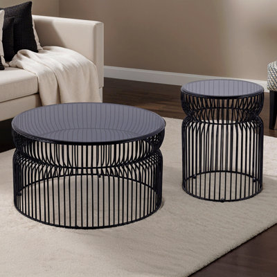 Table basse ronde moderne de 30 po avec table de bout moderne en métal trempé et plateau en verre trempé teinté Modern