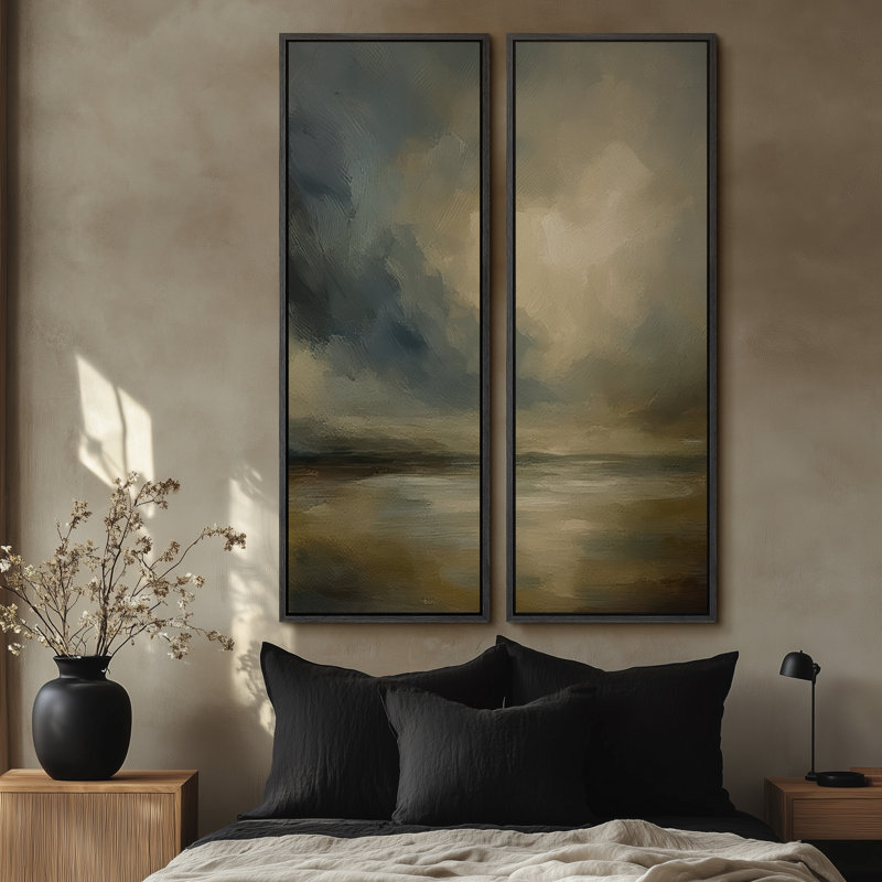 «Stormy Horizon Cloudscape Art For Room», ensemble de 2 reproductions d'art encadrées sur toile 60 po 2 pièces, Noir