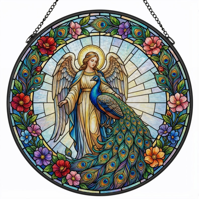 Panneau de vitrail Angel Peacock, vitrail, H 12 po, H 12 po