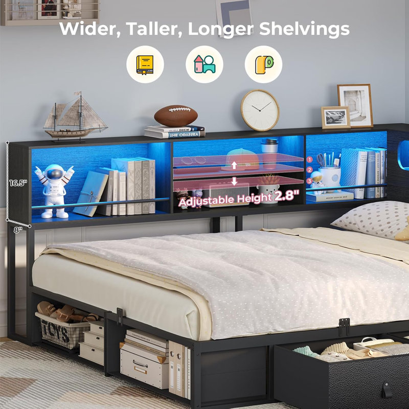 Corner Bed Frame With Bookcase Storage & Rgb Lights, Charging Station, Metal Daybed With 3 Drawers & 2 Open Cubbies, For  Small Space