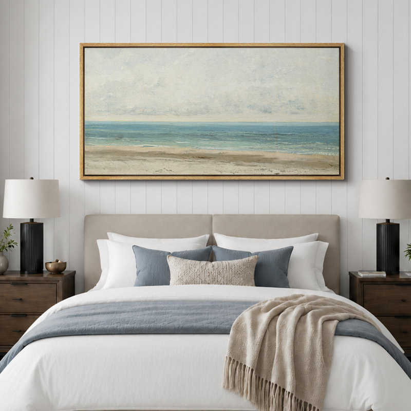 Coastal Beach " Serene Seaside Subtle Beach And Ocean Landscape Rustic Retro Art Decor Extra Large Pictures ", 30" H x 60" W