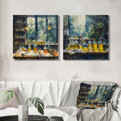Bleu et jaune, laboratoire de recherche chimique I - laboratoires, art mural - décoration murale industrielle 2 pièces