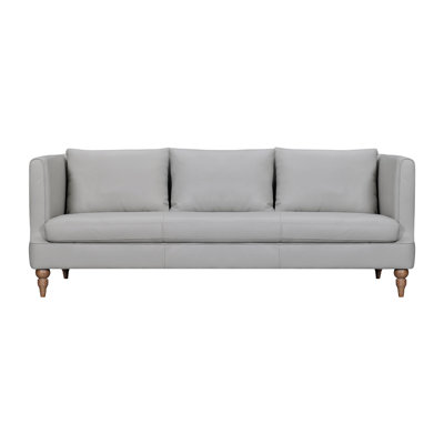  85" Gray Leather Sofa With Brown Legs