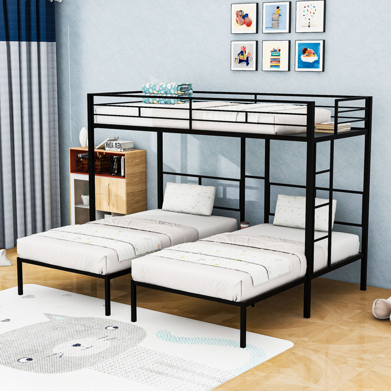 Twin Over Twin & Twin L-Shaped Triple Bunk Bed With Built-In Side Table, Ladder & Guardrails