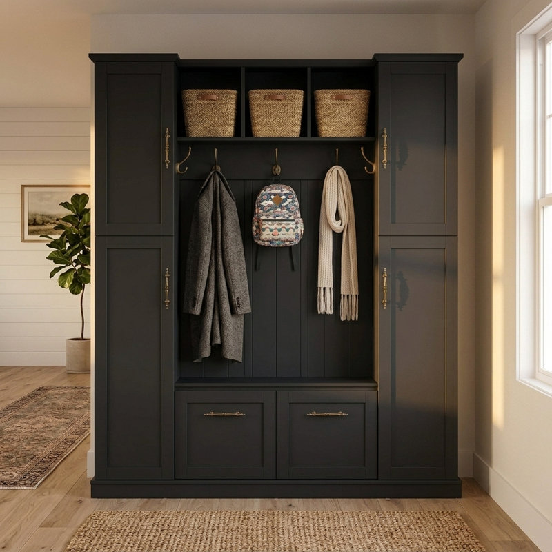 60" Farmhouse Hall Tree with Bench, Large Mudroom Storage Cabinet with 5 Hooks, Adjustable Shelves & Hidden Shoe Storage
