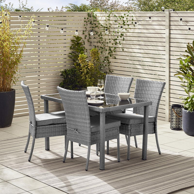 Romo Classic 4 Seater Outdoor Garden Rattan Dining Glass Top Table Set and Chairs (Cover Included), Grey