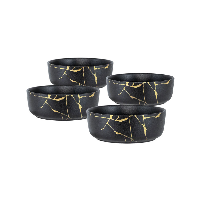 Serving Bowl with Gold Details - Set of 4 - 7"Dia. x 2.5", Black/Gold