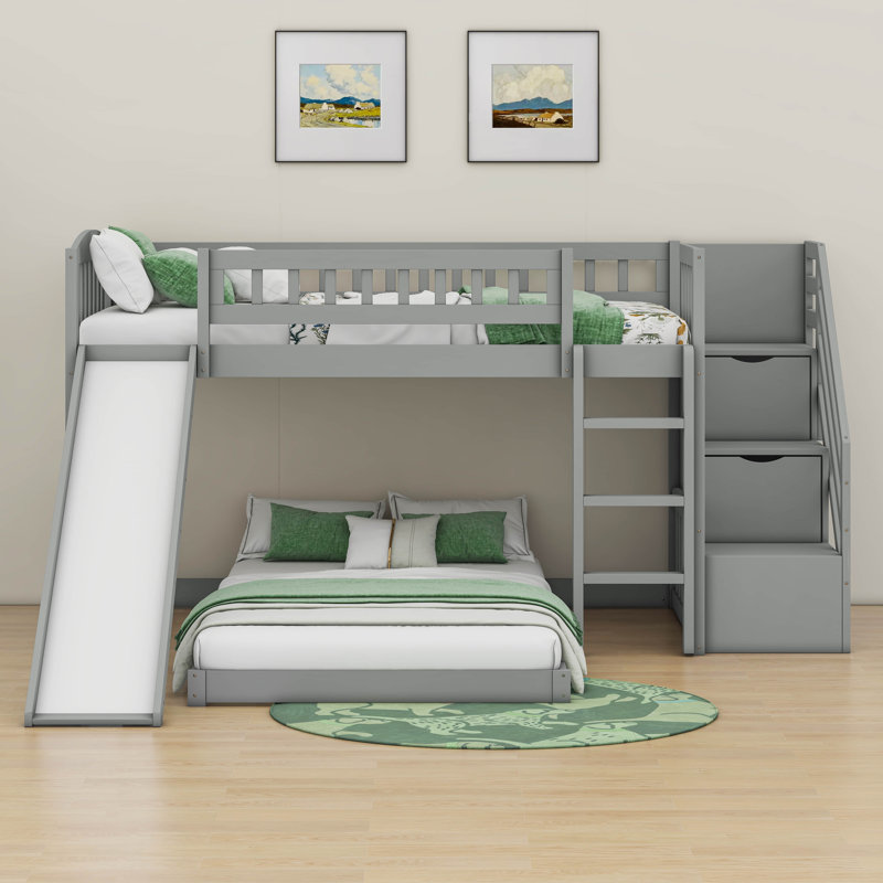 Stairway Twin Over Twin Bunk Bed With Two Drawers And Slide, Grey