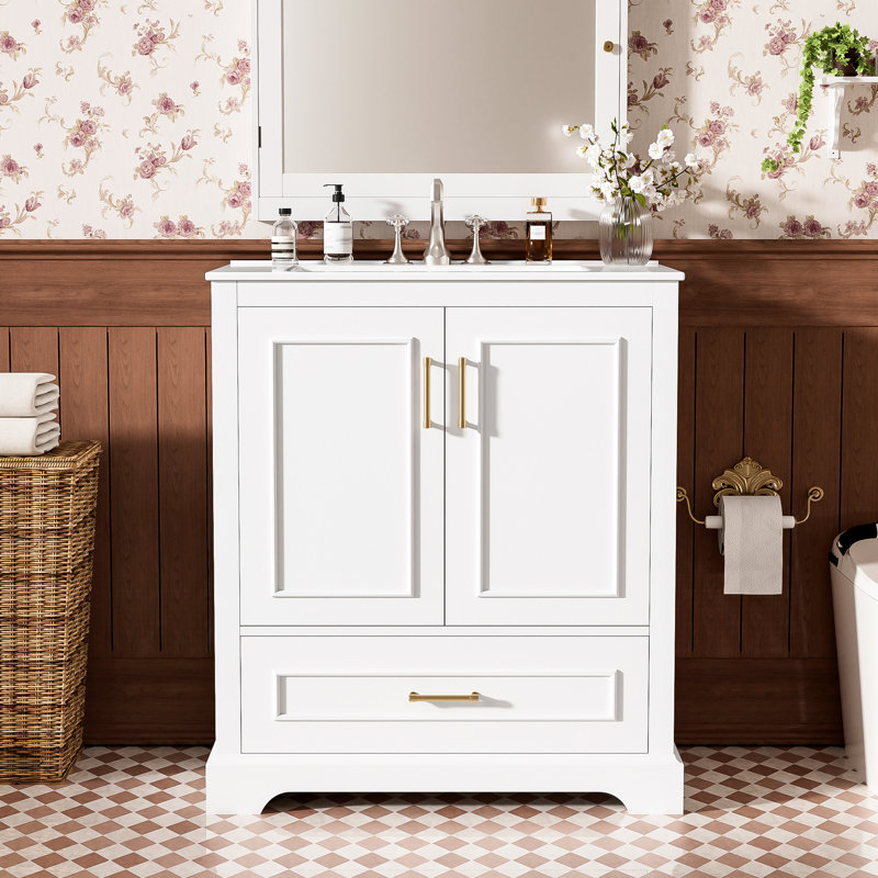 Meuble-lavabo moderne de 30 pouces avec lavabo en céramique, rangement réfléchi, portes à fermeture en douceur, trop-plein encastré, pied en bois massif pour cloisons de tiroir autoportantes blanches de 30 po, double porte