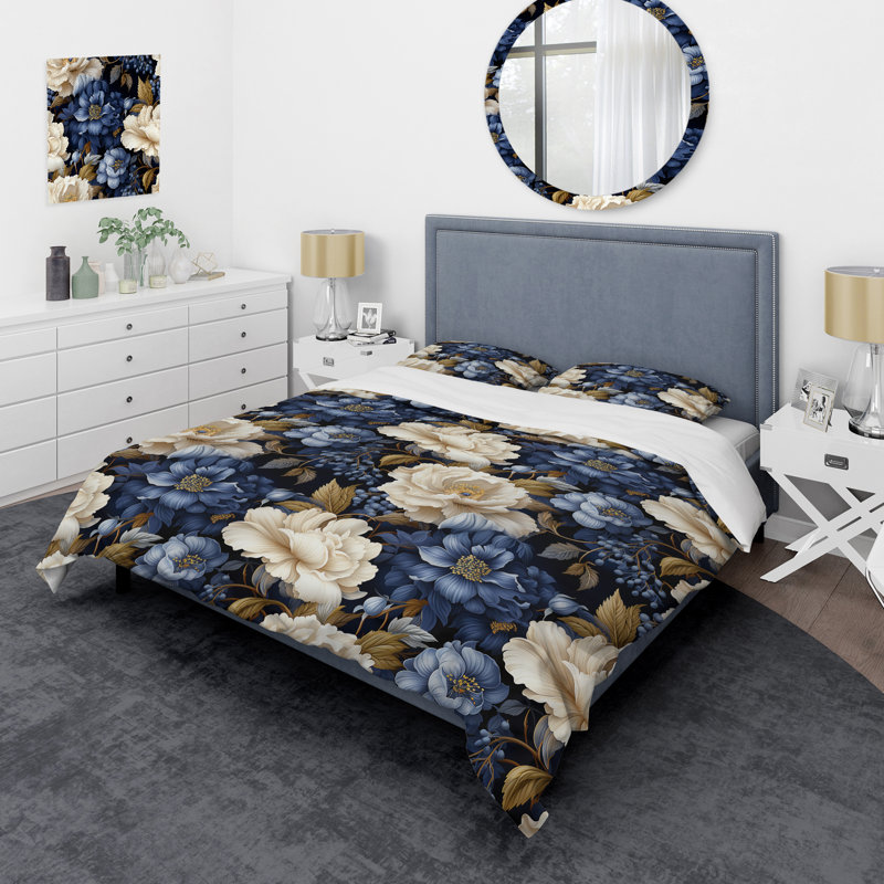 Cobalt Foliage Victorian Pattern Duvet Cover, Twin Duvet Cover + 1 Standard Sham