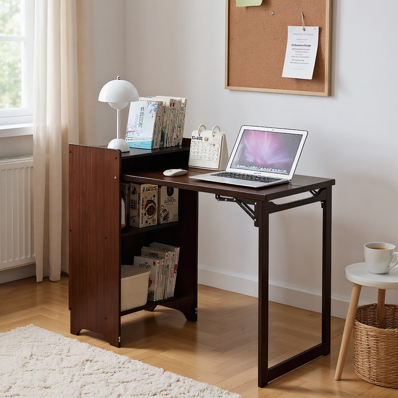 Bureau pliant en bambou, bureau pliable pour les petits espaces, bureau d'ordinateur avec rangement caché et prise intégrée, table pliable de style Mid-Century pour bureau à domicile et chambre à coucher (brun noyer)