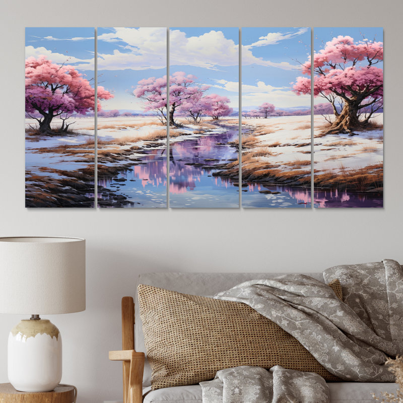 «Pink Coral Riverside Serenity - Lakes and Rivers», reproduction sur toile - 5 panneaux égaux