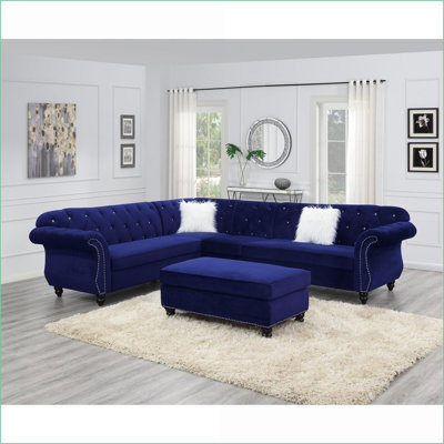 Ottoman Traditional XL Cocktail Indigo Blue Velvet Chrome Nail Head Trim Wooden Legs | Wood | Walnut Brown
