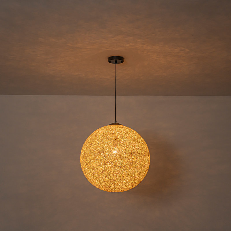 19.7" Boho Hand-Woven Globe Pendant Light, Natural Beige Thread Sphere Shade with Matte Black Canopy, Adjustable Height for Kitchen Island Dining Room, E26 Base