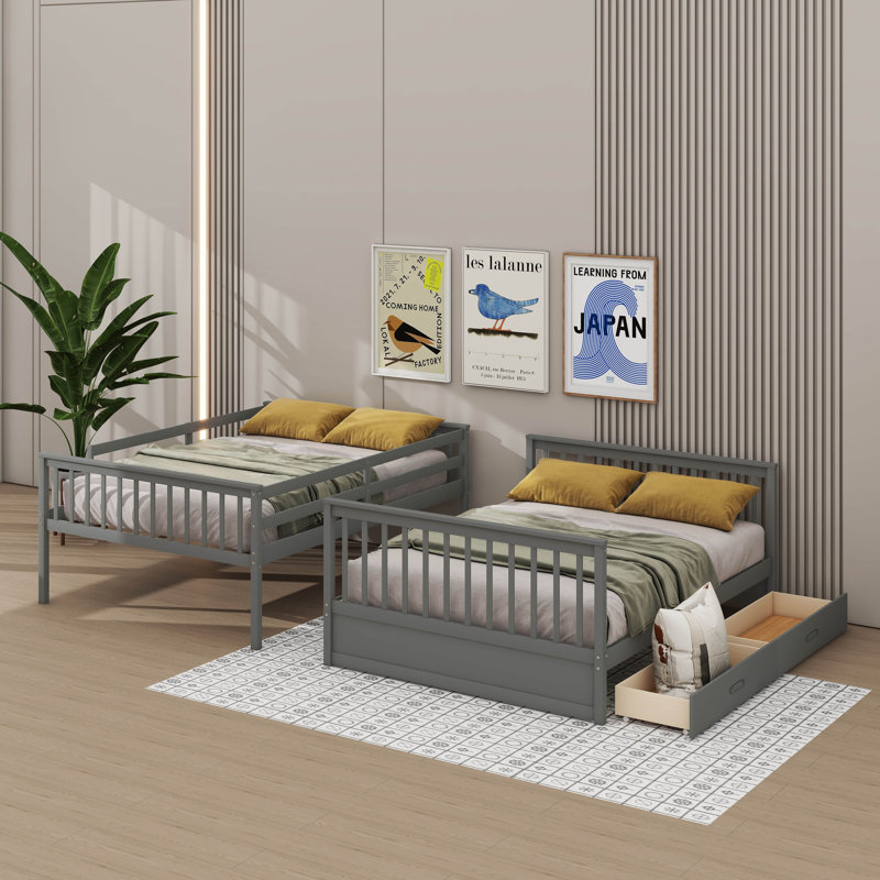 Lits superposés avec 2 tiroirs de rangement, structure en bois massif avec échelle et barrière de sécurité - conception convertible