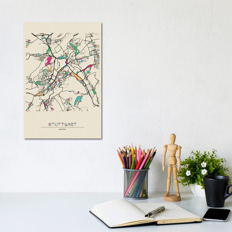 Stuttgart, Germany Map by Ayse Deniz Akerman - Wrapped Canvas Gallery-Wrapped Canvas Giclée, 20.32 cm H x 30.48 cm W