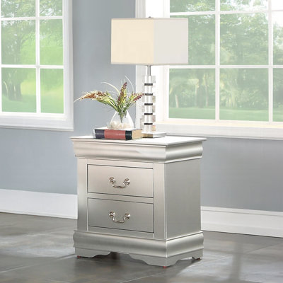 Platinum Wooden Nightstand For Bedroom With 2 Compartments And Simple Moldings - Pine Wood, Particle Board + , Silver Grey 2 Drawer In Platinum Finish Wood Material Pine, &