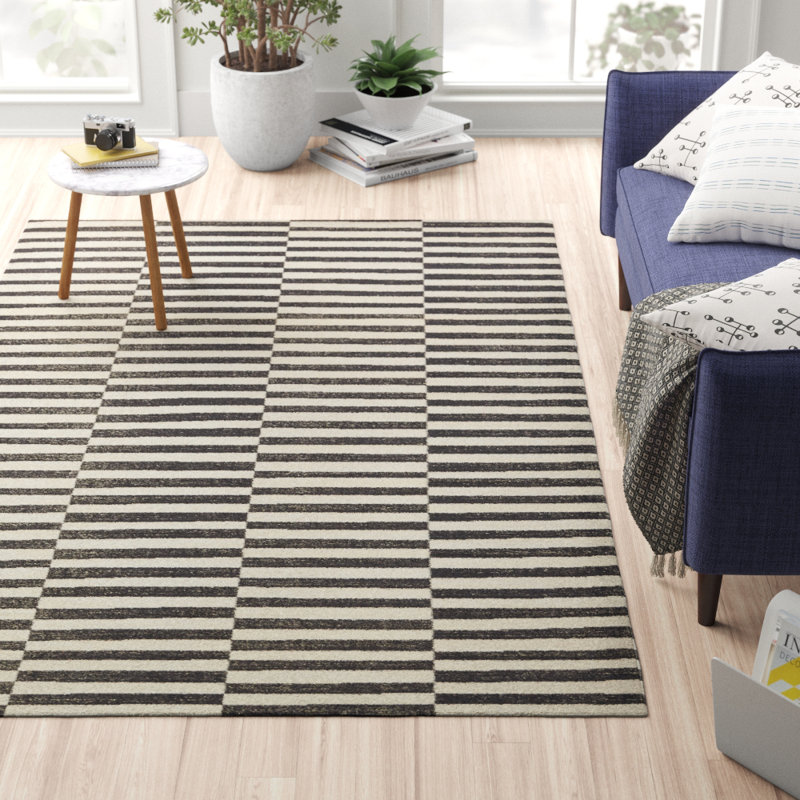 Tapis rayé ivoire / noir Arzilla, Rectangulaire 10 pi x 13 pi 1 po, Black