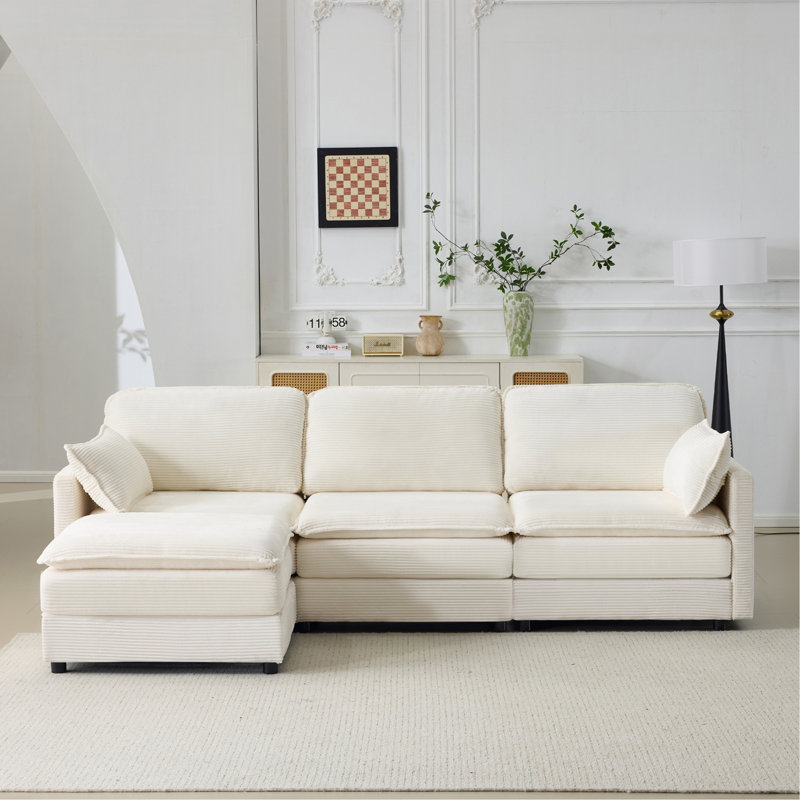 Canapé moelleux 3 places: canapé modulaire 3 places + repose-pieds avec coussins en chenille + 2 coussins décoratifs - taille compacte pour appartement, salon, chambre à coucher