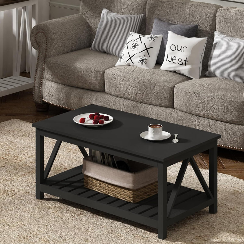Table basse Farmhouse, table de salon rustique vintage avec tablette, H 17,7 po x L 39,4 po x l 21,7 po, Noir pur