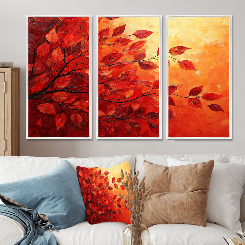 Automne, coucher de soleil et feuille d'érable I - feuilles, art mural - ensemble de 3, H 32 po x l 48 po, Blanc