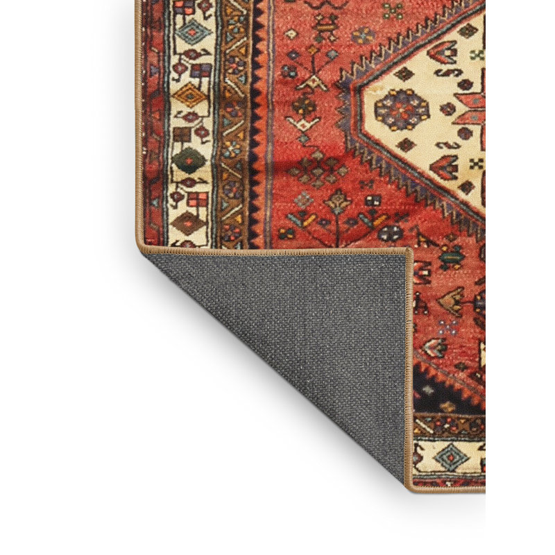 Tapis oriental en laine / polyester tissé à la machine rouge / crème / noir, Rectangle 5 pi x 7 pi
