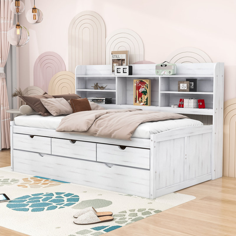 3 Drawers Wood Platform Bed with Shelves and Trundle, Twin, White